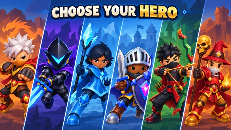 A selection of Crown Raiders characters with different weapons and abilities.