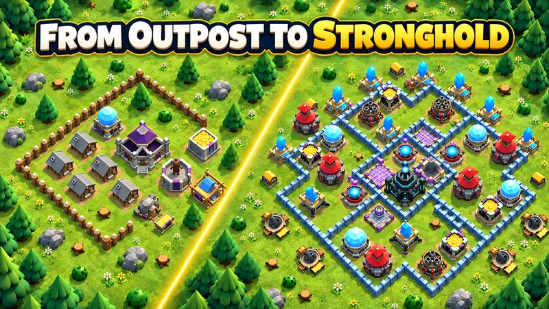 A small starting village next to an expanded, fortified Town Hall village.
