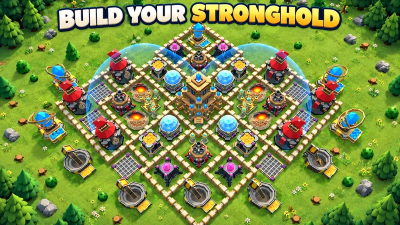 A fortified Crown Raiders village surrounded by walls, towers and defenses.